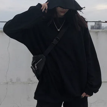 

Rosetic Women Hoodie 2020 Solid Black Basic Tops BF Style Pullover Hoodies Sweatshirts Japan Harajuku Fashion Sweatshirt Fall