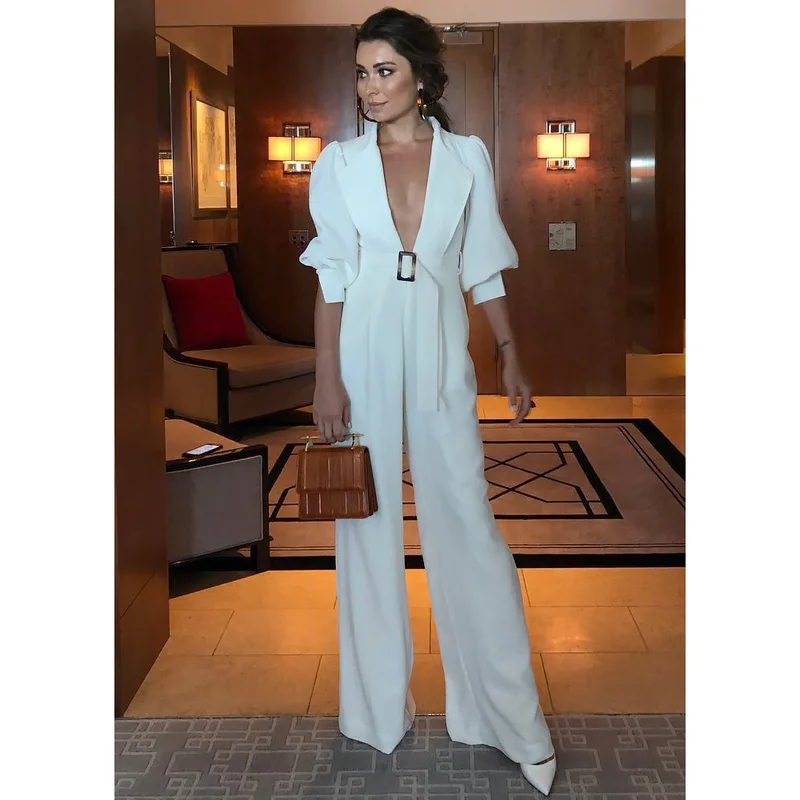 Осенний элегантный женский белый комбинезон размера плюс повседневный с