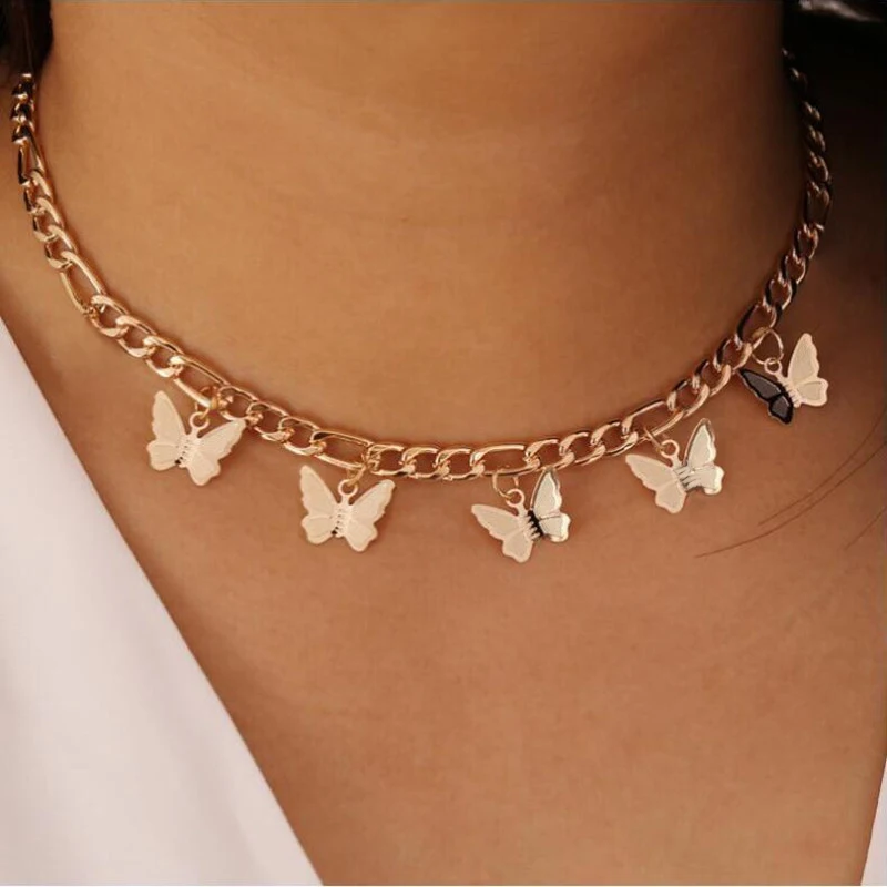 Colgante gótico de cuello de mariposa para mujer, gargantilla de Color dorado, cadena de cuello, Gargantilla Punk, Collar Kpop para niña 2021
