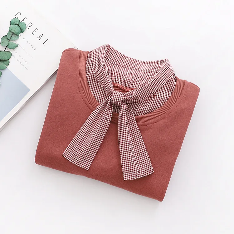 KYQIAO women pullover mori girls autumn spring Japanese Harajuku style bow long sleeve plaid patchwork sweatshirt tops