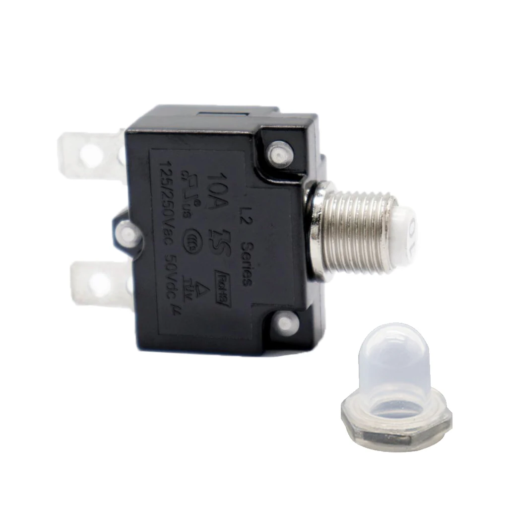 10 Amp Push Button Circuit Breaker 50V DC or 250V AC, Mounts in 3/8 inch (10 mm) Round Hole, Transparent Button Cap