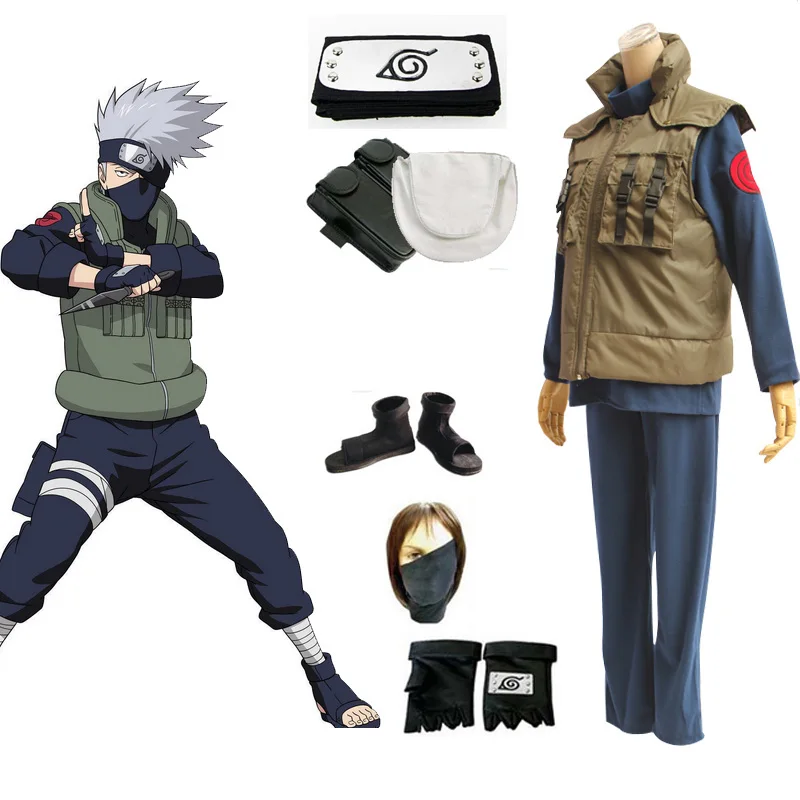 Аниме Наруто Косплей костюмы Shippuden Hatake Kakashi Униформа Комплект туфли ниндзя Cos