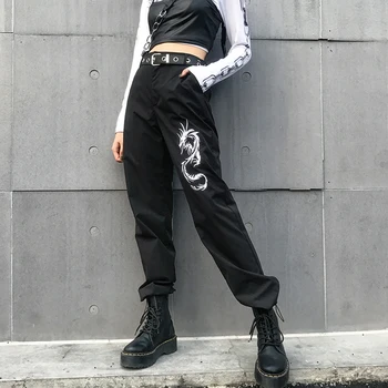 

women sweatpants Chinese Dragon Embroidery Pants High Waist Loose Pants Full Length Zipper black Trousers штаны женские HX0421