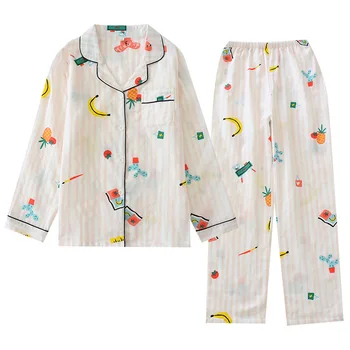 

2020 Ladies Pajamas Set 100% Gauze Cotton Banana Fruit Printed 2Pcs Turn-down Neck Shirt+Pants Comfort Fresh And Nature Women