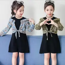 Клетчатое платье для девочек коллекция года, осенние платья в стиле пэчворк с длинными рукавами модные милые платья из двух предметов для девочек-подростков