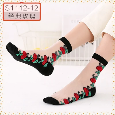 Hyrax trends Transparent sexy bud ladies silk Socks flower design Black transparent color Sexy fashion lace sock - Цвет: 1pack5pairs