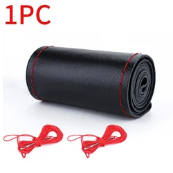 Premium Universal Genuine Leather Steering Wheel Cover - Anti-Slip Braided Cowhide Protector (Style 1 Red)