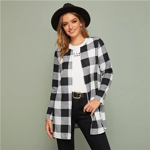 Black and White SHEIN разноцветное клетчатое повседневное пальто с открытым передом, женская верхняя одежда, весенняя одежда с длинным рукавом и круглым вырезом, офисное женское базовое длинное пальто - Цвет: Black and White