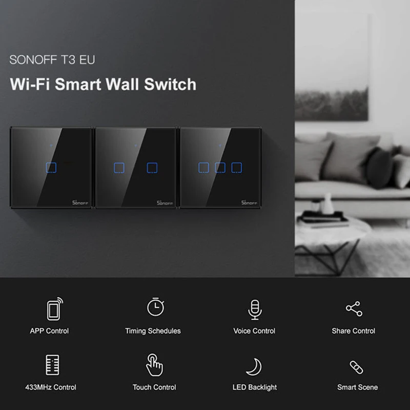 Интеллектуальный выключатель света SONOFF T3 UK TX-серию интеллектуальных домашних Wi-Fi Переключатель 1/2/3 RF 433 домашней автоматизации переключатель совместим с EWelink Alexa Google Home