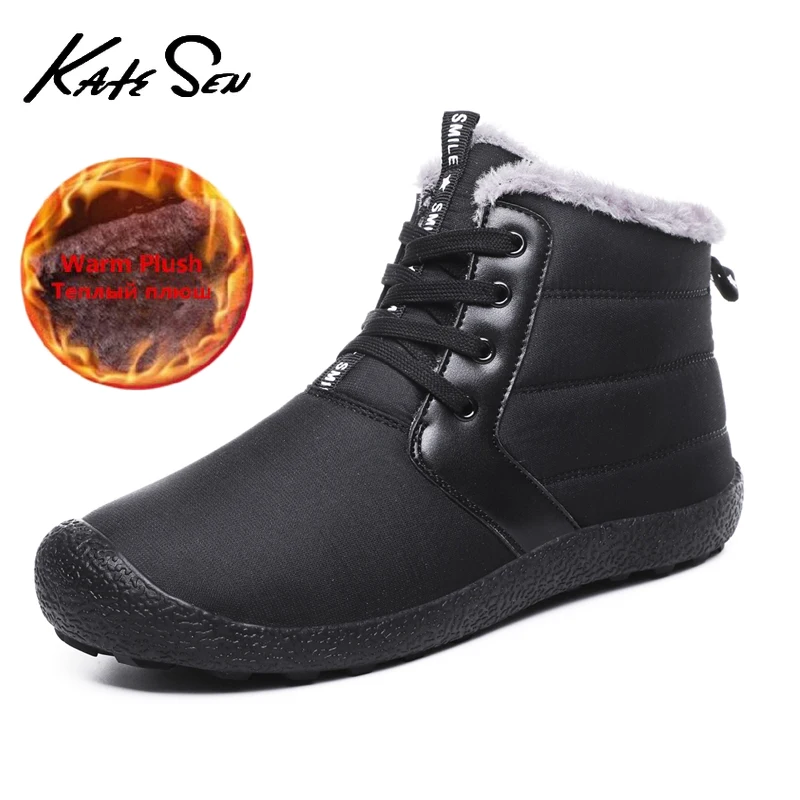 

Winter Men's Leather Plush Warm Waterproof Snow Boots Fashion Comfortable High Top Boots Outdoor Non-slip Walking Boots Big Size