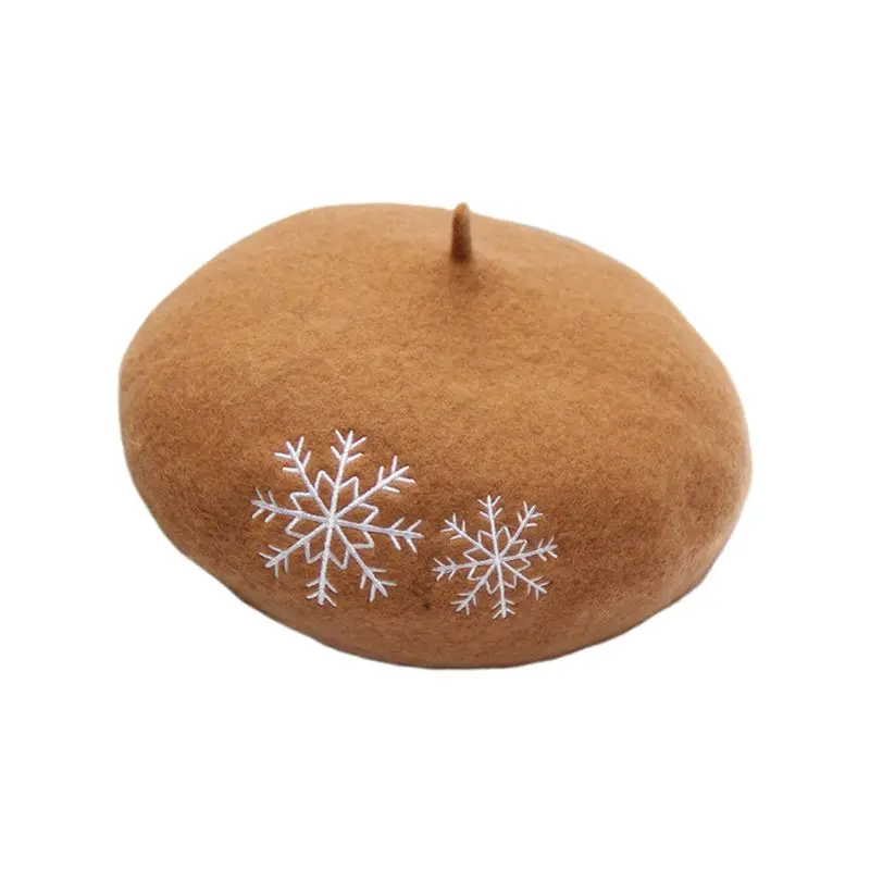 Camel Women Ladies Autumn Winter Wool Beret Cap Chic Snowflake Embroidery Pattern Female Painter Outdoor Elegant Beanies Bonnet Hat - Color: Camel