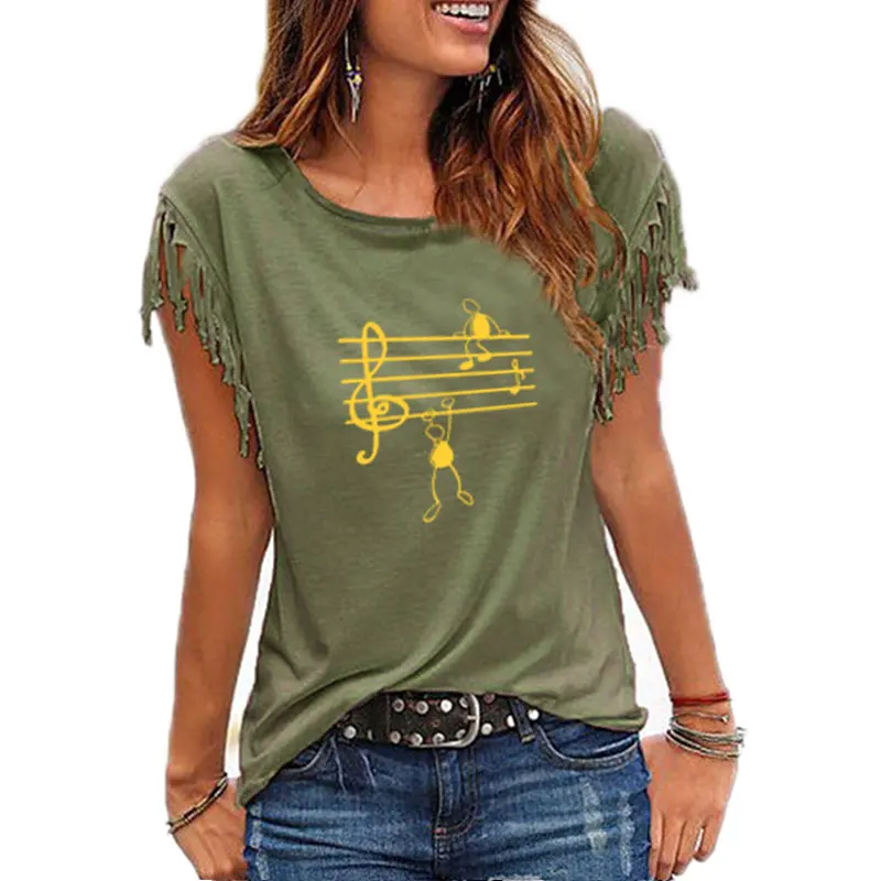 2021 Fashion Music Notes Woman T Shirt Print Fit Ladies Casual Cotton Tassel Short Sleeve O-neck T-shirt 6