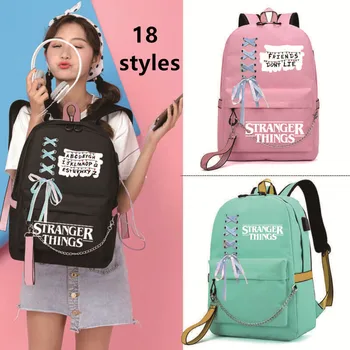 

Stranger Things Student Backpacks Large Capacity Breathable School Bag With USB Charging Chain&Bow-knot Backpack For Girls