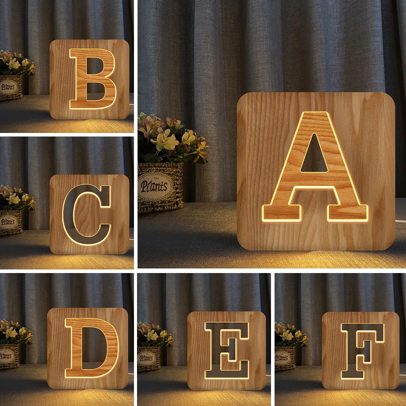 

English Letters Wood Hollow Carved 3d Led Lamps Art Table Lamp Usb Kids Bedside Night Light for Home Decor ABCDEFGHIJKLMNOPQRST