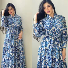 

Muslim Fashion Abaya Dress Women's Printed Batik Lacing Maxi Dress Blue Flowers Long Sleeve Robes Kaftan Moroccan Indian Dress