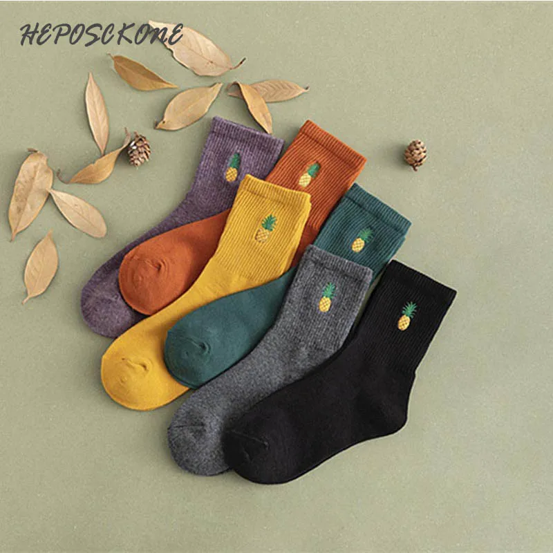 В студенческом стиле, 6 цветов, Забавные милые носки для девочек с рисунком ананаса, простые женские носки с вышивкой, Calcetines Mujer Skarpetki Sokken
