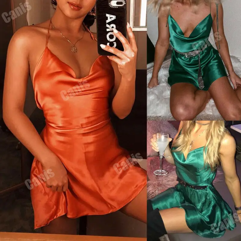 

Sexy Womens Satin Silk Dress Summer Stappy Backless Holiday Beachwear Mini Dresses Night Clubwear Sleepwear Ladies Vestidos