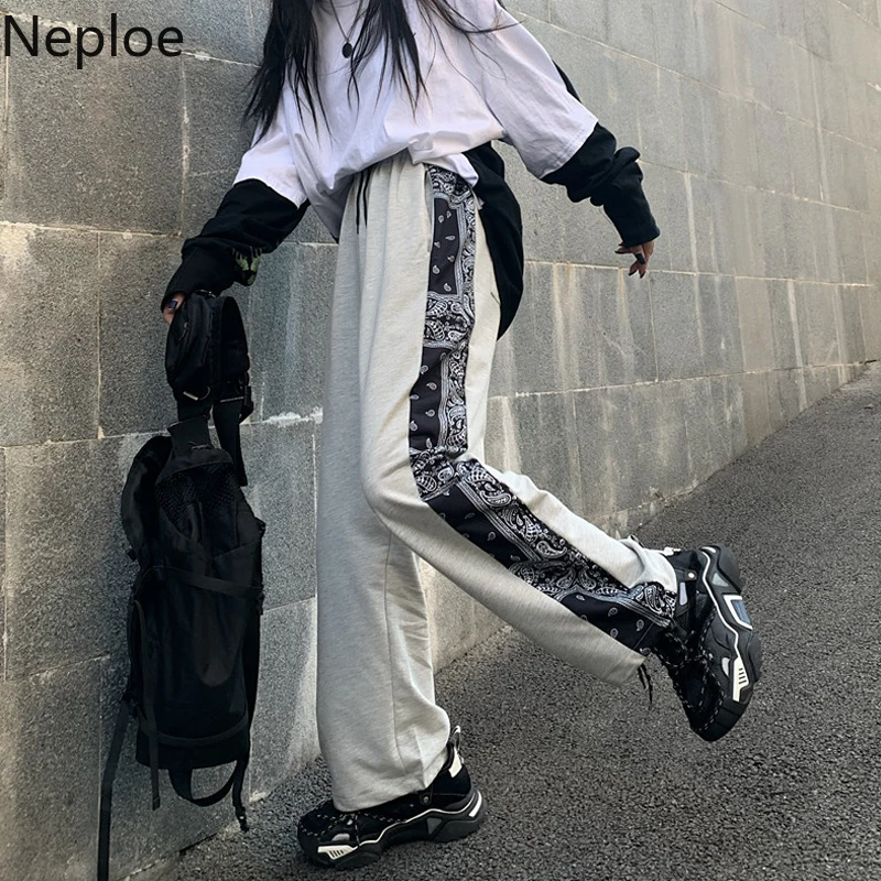 Neploe штаны с принтом и завязками, женские зимние, Ретро стиль, высокая талия, длинные штаны, повседневные, свободные, широкие, женские брюки, 80259