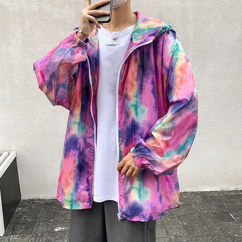 

Summer Thin Jacket Men's Fashion Casual Tie-dye Hooded Jackets Mens Streetwear Wild Loose Hip Hop Bomber Jacket Men M-3XL