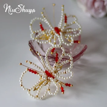 

NiuShuya Elegant Pearl Hair Clips For Women Girls Butterfly Stick Hairpin Handmade Vintage Hanfu Headdress Hair Accessories