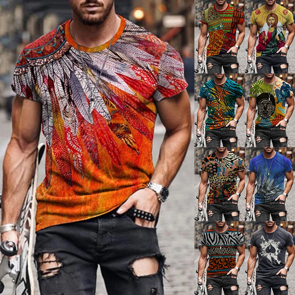 Men Summer New Fashion Harajuku Colorful Cross Printed O Collared T-shirts  Men