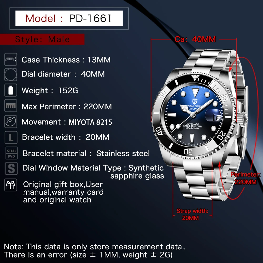 PAGANI DESIGN Men's Automatic Mechanical Wristwatch Stainless Steel Divers Watch Sapphire Glass Men Watches reloj hombre