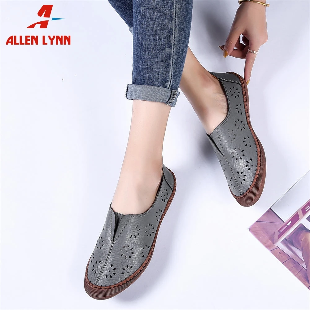 

ALLENLYNN Big Size 45 Brand New Ladies Solid Shoes Woman Sewing Hollow Summer Flats Boat Shoes Genuine Leather Flats Women