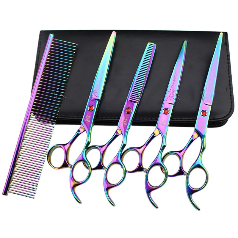 

7inch Rainbow Coloe Straight Thinning Upward Downwarde Scissor Set with Comb Professional Pet Clipper Hairdressing Hair Tool