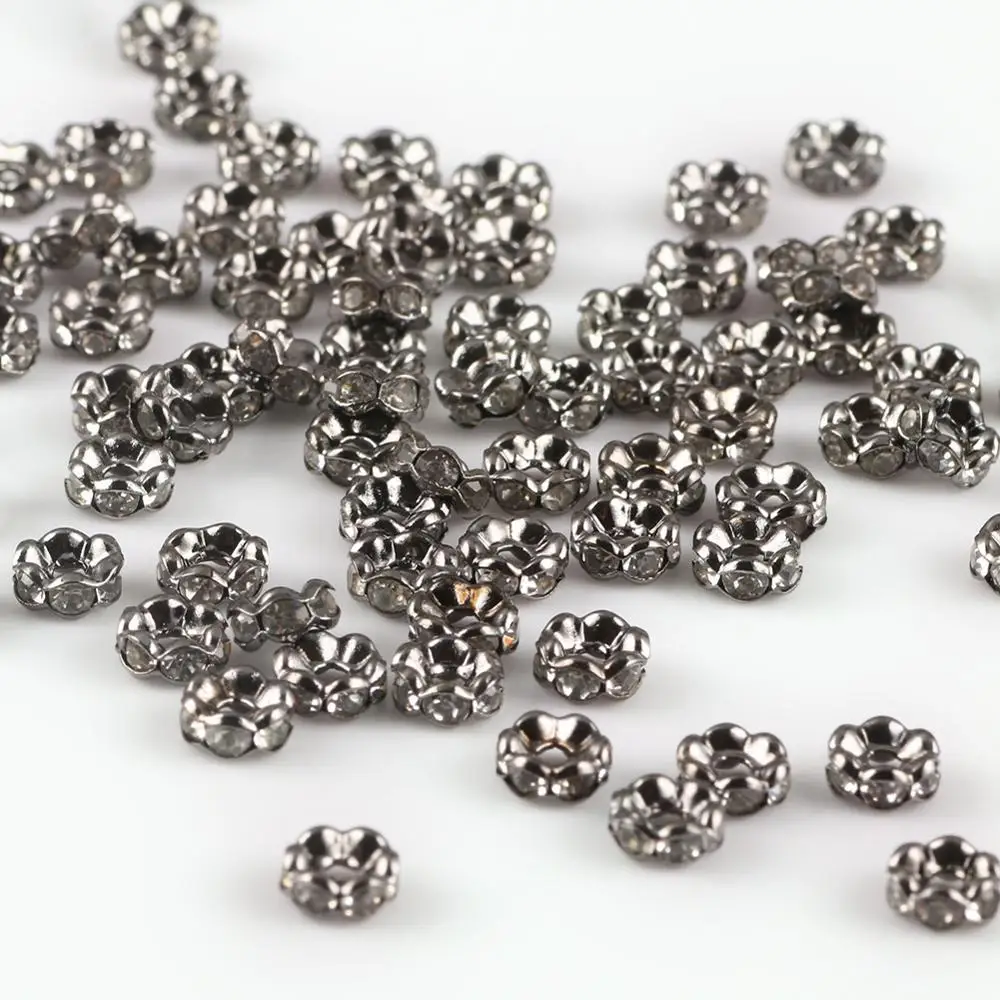 50pcs Wave Side Metal Black Rhinestone Rondelle Austiran Crystal Big Hole Loose Spacer Beads For Jewelry Making DIY Supplies