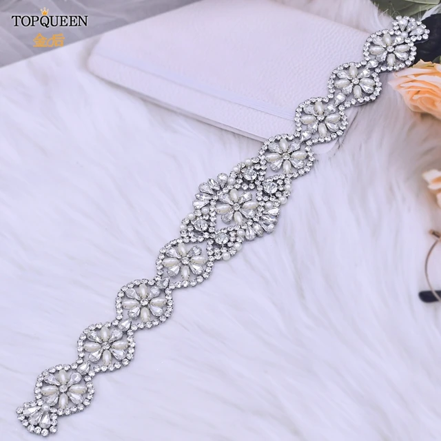 TOPQUEEN S161 White Wedding Belts Silver Rhinestone Belt Accessories for Bride Crystal Formal Dress Belt Gown Sash Bridal Belt Applique no Ribon