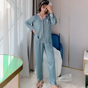 

Autumn and Winter Plus Size SleepwearPajamasColor Home Clothing Two-piece Suit Women's Long-sleeved Thin Section Solid