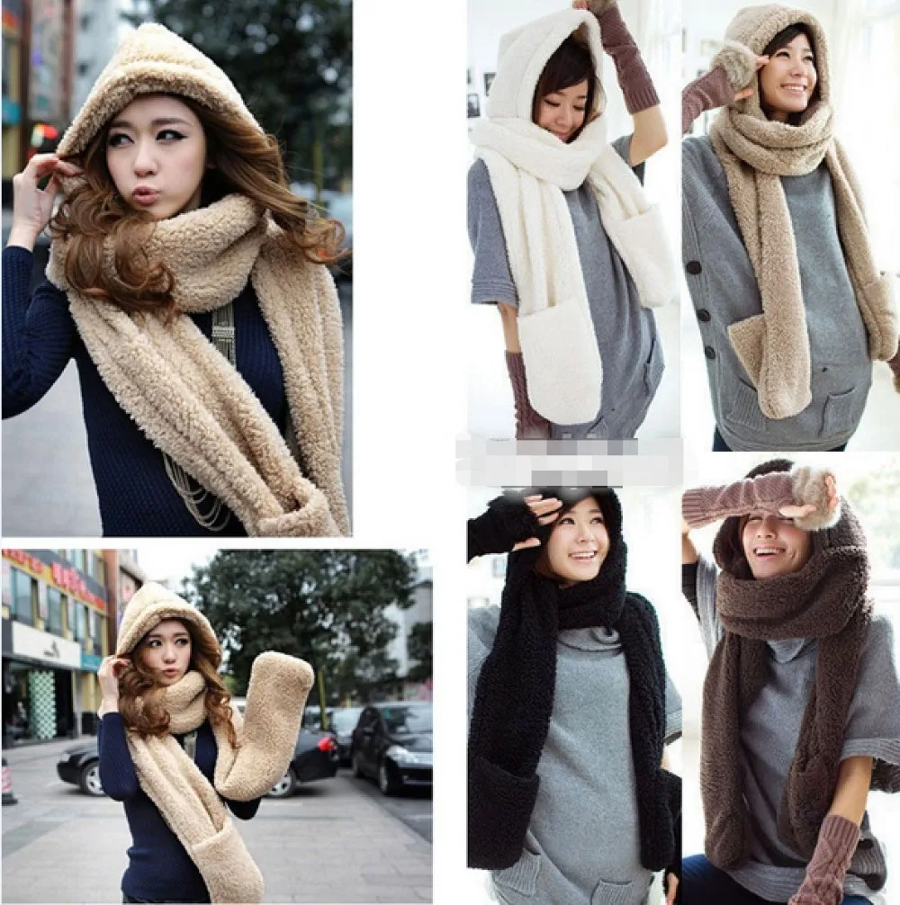 Новинка, толстая и мягкая шаль, зимние теплые шарфы с капюшоном и варежки для женщин, много цветов, дизайнерский шарф, перчатки, шаль