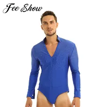 Мужские блестящие с v-образным вырезом латинский сценический танцевальный костюм мужской бальный Танго Румба танцевальная рубашка Топы Стенд воротник гимнастика трико, боди