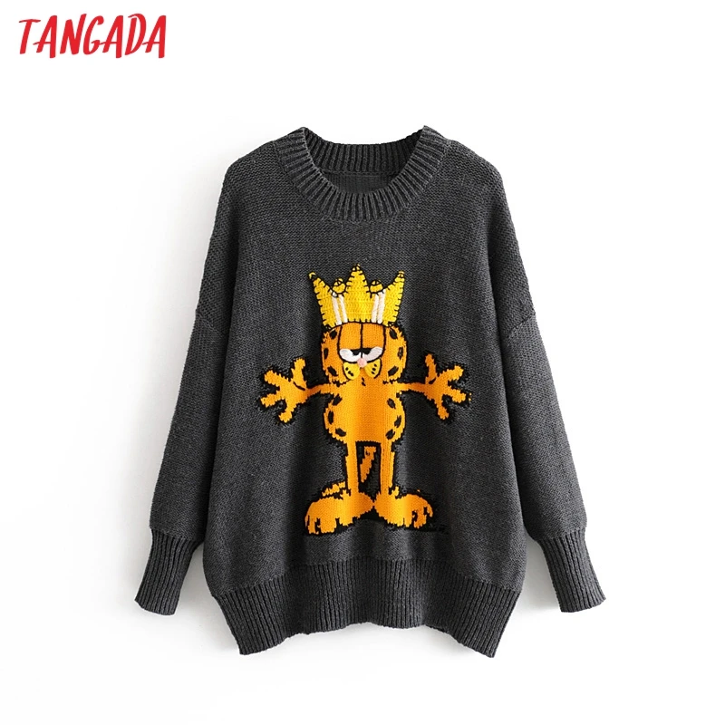 Tangada зимний женский свитер с милым котом большого размера джемпер женский теплый Свободный Повседневный вязаный свитер 3H25 - Цвет: Серый
