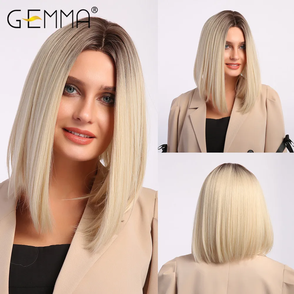 

GEMMA Synthetic Bob Hair Wigs for Women Middle Part Medium Straight Ombre Black Brown Blond Cosplay Wig High Temperature Fiber