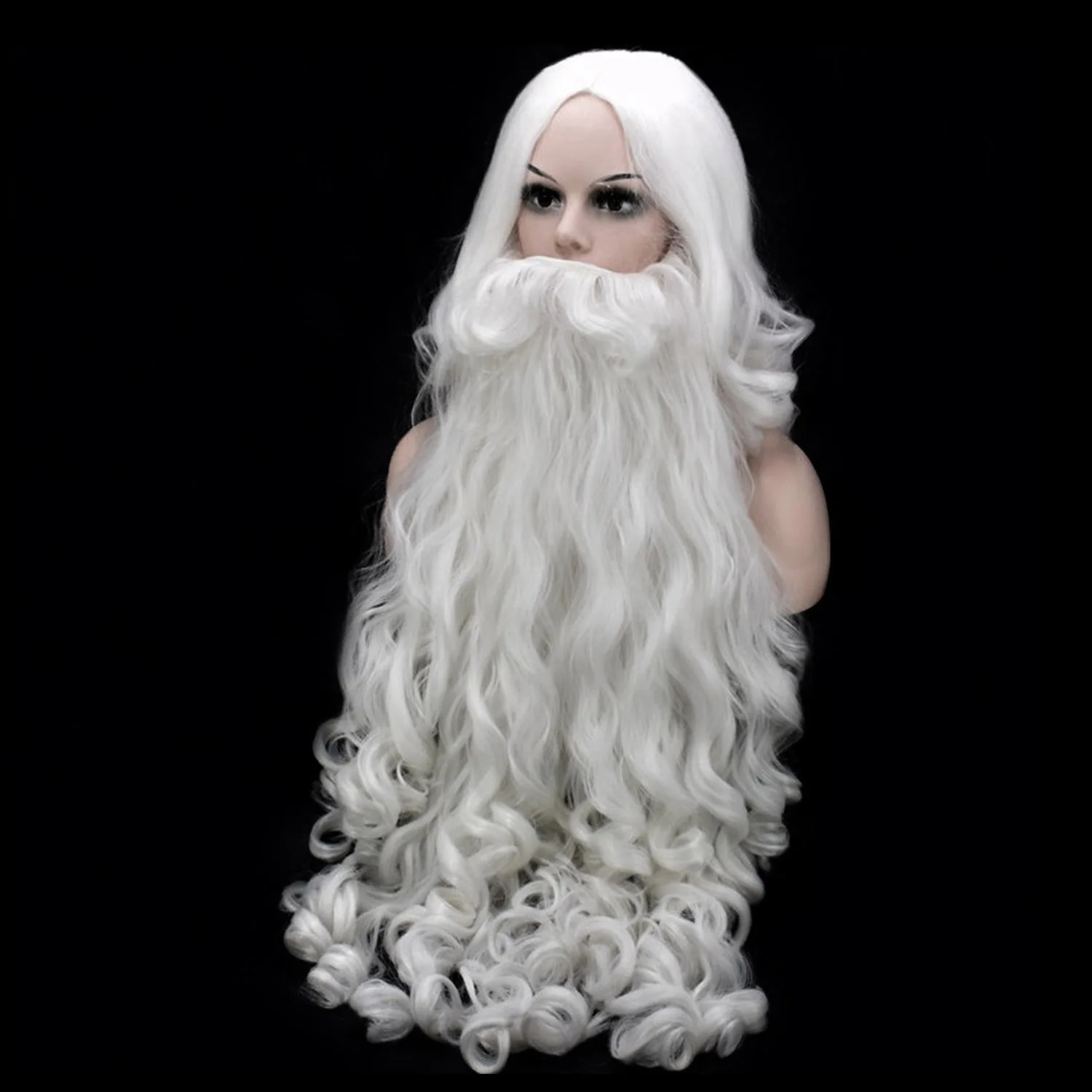 Behogar 1PCS Christmas Santa Claus White Curly Beard+ 1PCS Wig for Fancy Dress Cosplay Role Play Party Costume Accessories