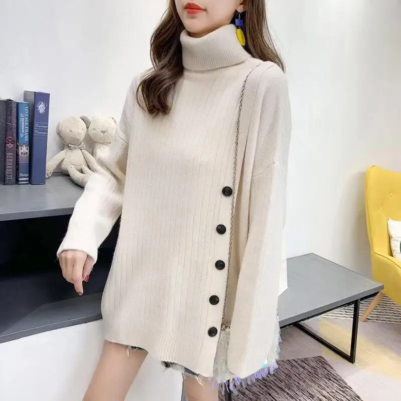 Loose Long-sleeved Solid Turtleneck Sweater Female Button Decoration Lazy Irregular Mid-length Knitted Women Spring 2021 | Женская