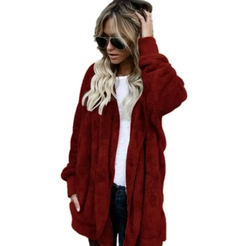 Пальто с искусственным мехом Для женщин осень-зима теплый мягкий молния Меховая куртка Женская Плюшевые пальто карман Повседневное плюшевая верхняя одежда с капюшоном - Цвет: wine red