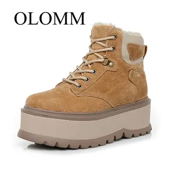 

OLOMM 2019 autumn and winter leather women's thick bottom increased snow boots warm military boots women's platform shoes AB-107