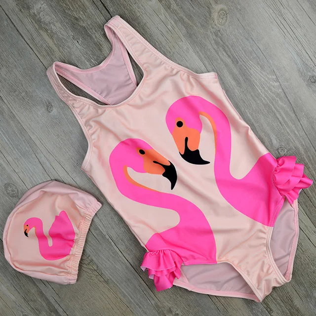 pink Купальный костюм для маленьких девочек с шапкой; S-4XL размер; коллекция года; купальный костюм с принтом лебедя и фламинго; цельный детский летний купальный костюм - Цвет: pink