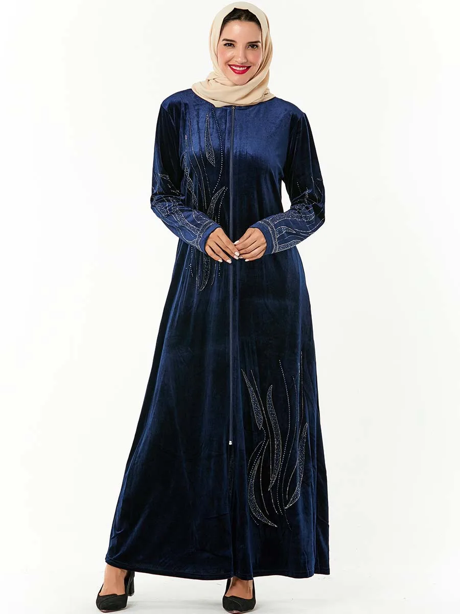 Мусульманские женщины длинный рукав бархат вышивка Дубай платье макси abaya jalabiya Исламская одежда для женщин халат кафтан марокканский