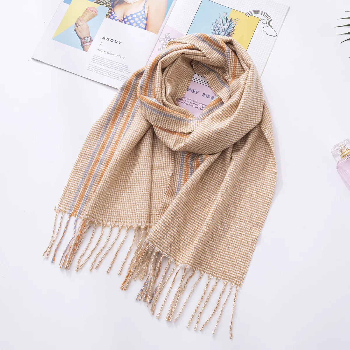 Autumn and winter new blanket scarf imitation cashmere boys and girls bib classic models long warm tassel striped scarf women - Цвет: Khaki