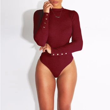 

Women Sexy Solid Turtleneck Long Sleeve Skinny Bodysuit Knitted Jumpsuit Casual Button Bodycon High Waist Romper Clubwear