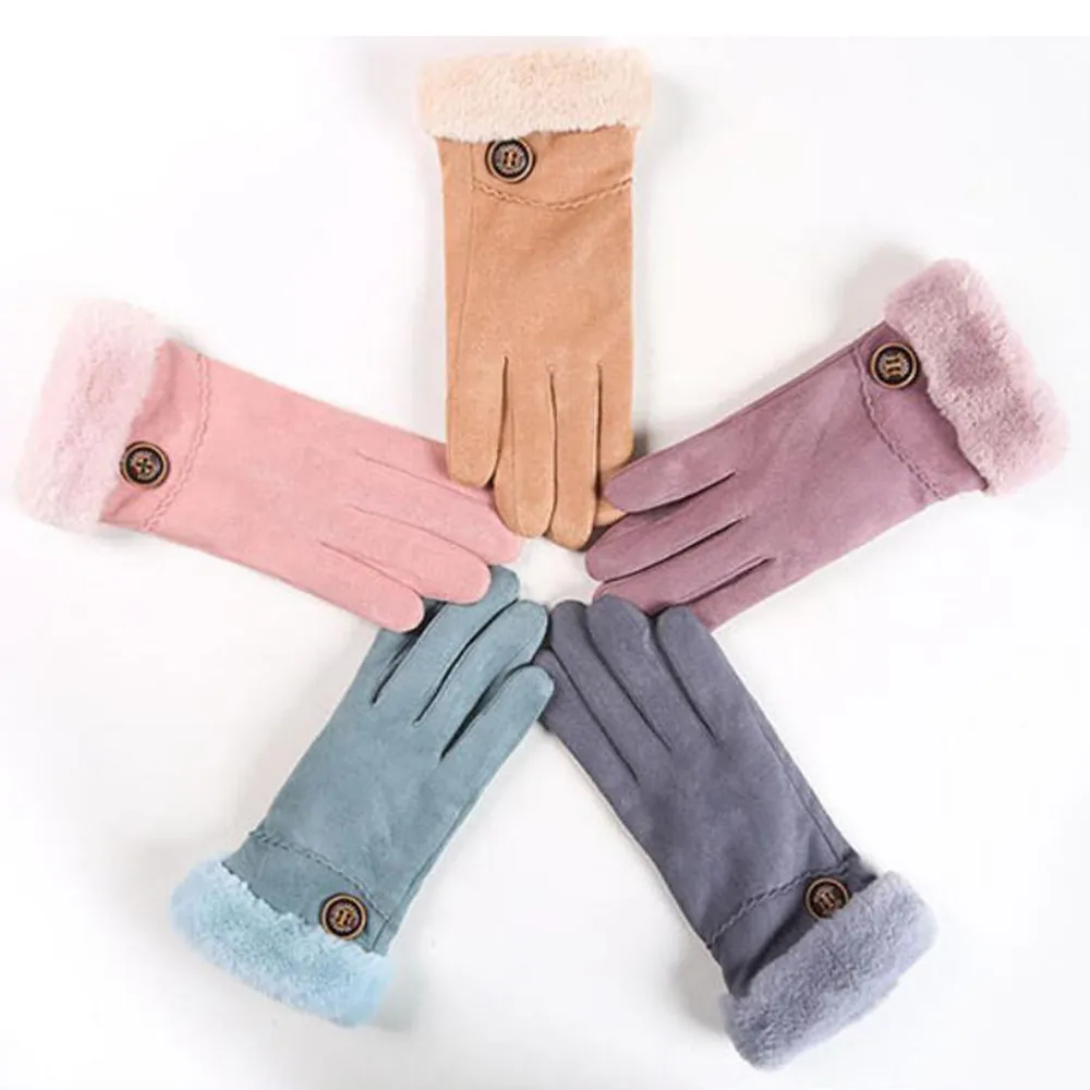 Зимние женские перчатки из искусственного меха, бархатные перчатки с сенсорным экраном, ветрозащитные перчатки, элегантные однотонные перчатки