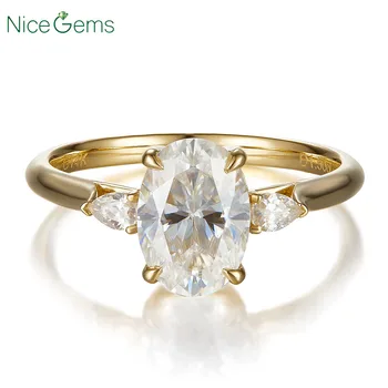 

14K Yellow Gold Center 1.5 Carat OVAL shape Three stone Moissanite Engagement ring With Pear Shaped Accents Romantic Claw prong