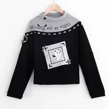 

Lychee Harajuku Patchwork Lace Up Women Sweatshirt Devil Demon Ghost Print Women Tracksuit Small High Collar Autumn Pullovers