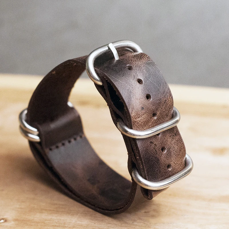 Leather Nato Strap Zulu Strap Vintage Cow Leather Watch Band Silver Five Rings Buckle for Watch 3