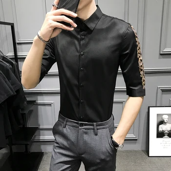 

Leopard Stitching Half Sleeve Shirt Slim Work Shirt Tide Streetwear Social Blouse Camisa Masculina 2020 Summer Casual Men Shirt