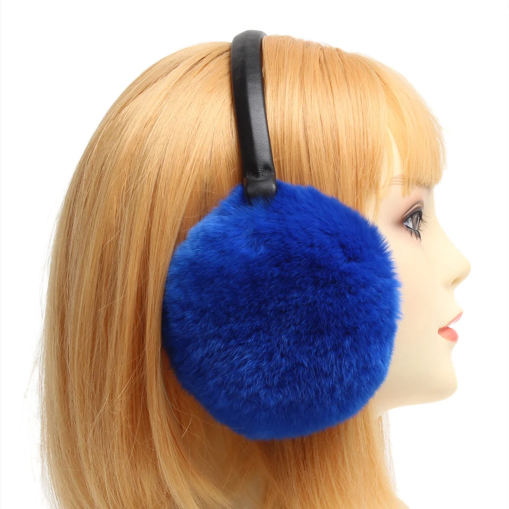 New Arrival Winter Women Warm Natural Rex Rabbit Fur Earmuff Lady Fashion Fluffy Pompoms Genuine Rex Rabbit Fur Earlap - Цвет: blue