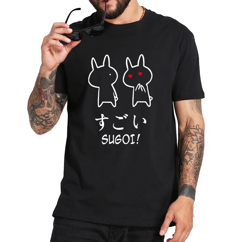 Футболка Sugoi Rabbit с милым японским аниме, дизайн, хлопок, черная футболка с коротким рукавом, футболка Kawaii, европейский размер